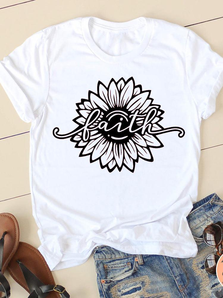 Camiseta con cuello redondo y manga corta estampada para mujer