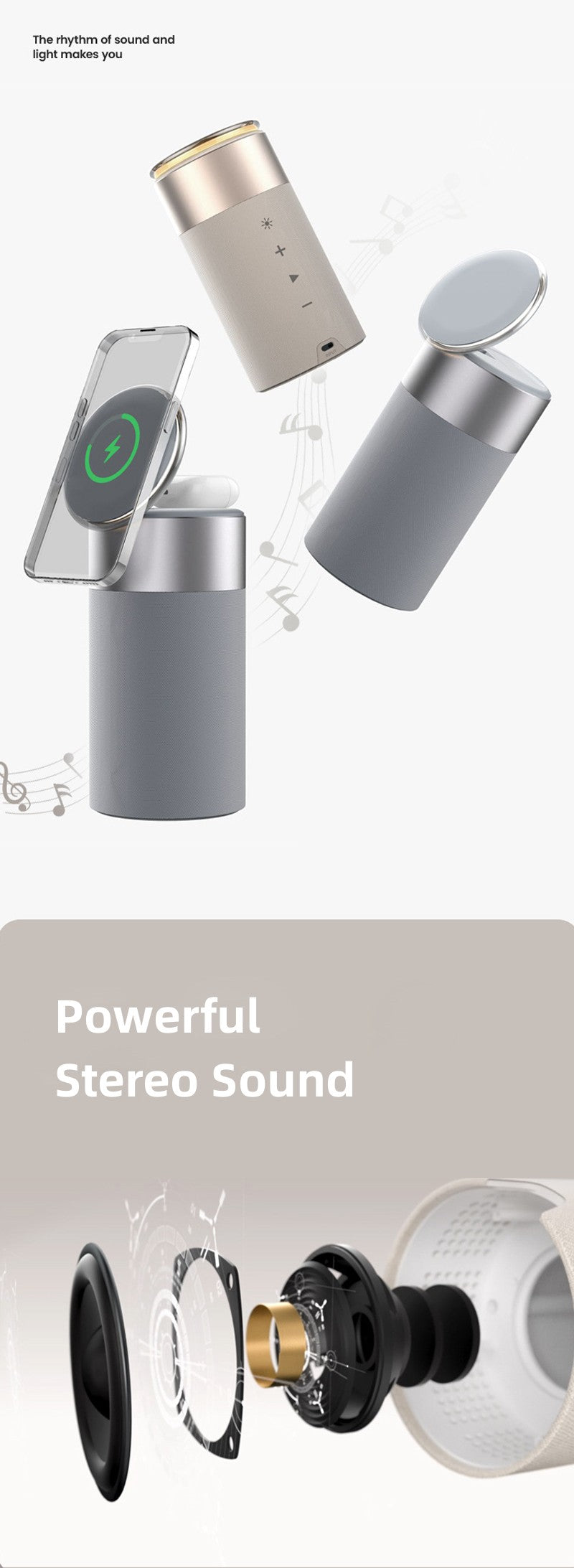 Altavoz Bluetooth portátil con cargador inalámbrico multifunción 3 en 1 para IPhone y AirPods con lámpara táctil para el hogar y la oficina