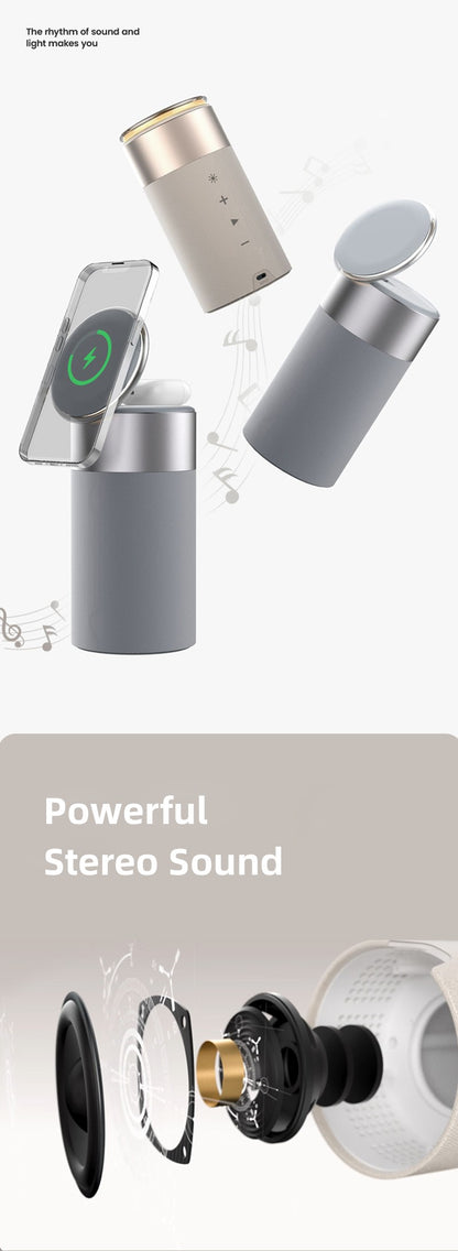 Altavoz Bluetooth portátil con cargador inalámbrico multifunción 3 en 1 para IPhone y AirPods con lámpara táctil para el hogar y la oficina