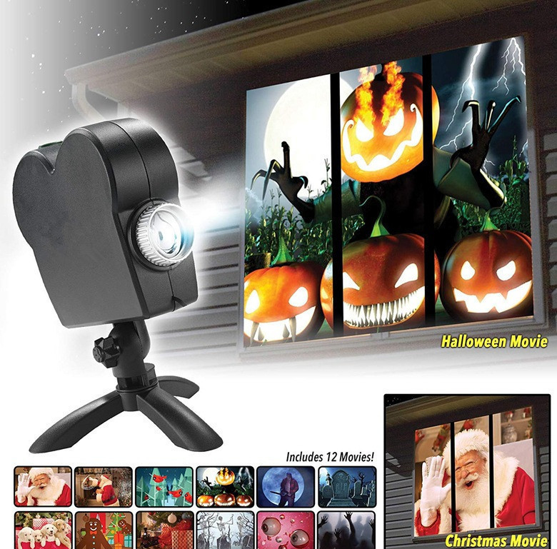 Proyector láser de Navidad para Halloween, 12 películas, luz de discoteca, Mini ventana, proyector de cine en casa, proyector para interiores y exteriores