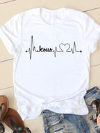 Camiseta con cuello redondo y manga corta estampada para mujer