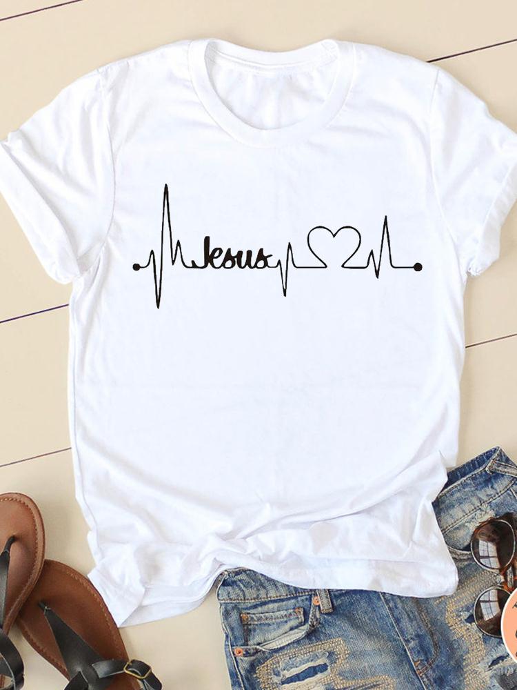 Camiseta con cuello redondo y manga corta estampada para mujer