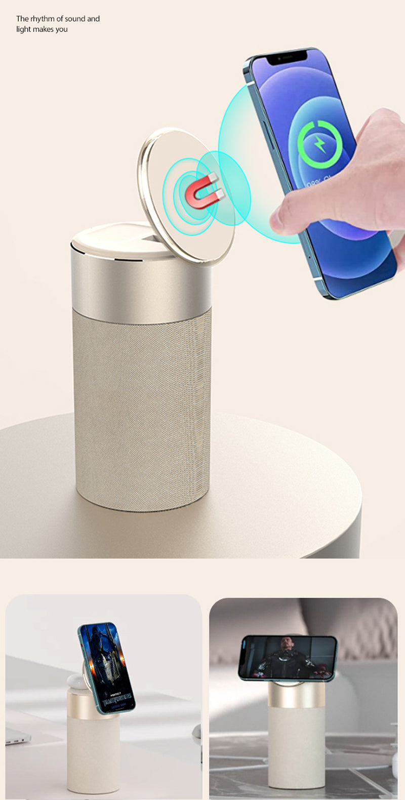 Altavoz Bluetooth portátil con cargador inalámbrico multifunción 3 en 1 para IPhone y AirPods con lámpara táctil para el hogar y la oficina