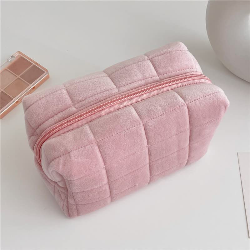 Bolsa de maquillaje de felpa Bolsa de cosméticos a cuadros Bolsa de viaje cosmética Bolsa de aseo de viaje con cremallera grande Bolsa de capacidad multifuncional portátil Bolsa de almacenamiento de brochas de ma