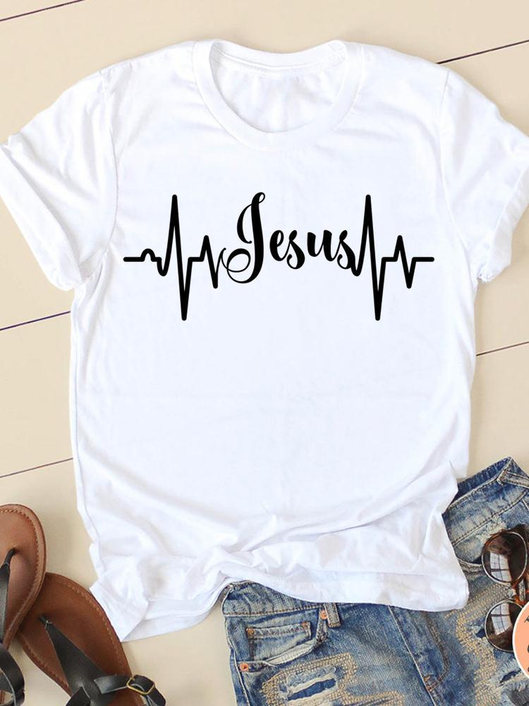 Camiseta con cuello redondo y manga corta estampada para mujer