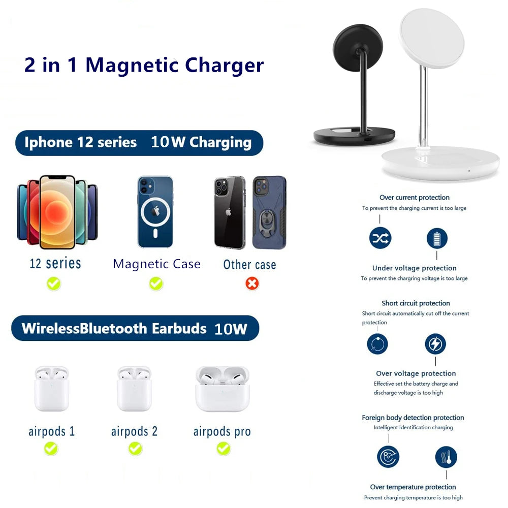 Soporte de cargador inalámbrico magnético 2 en 1 para iPhone 13, 12 Pro Max, Mini Airpods, estación de carga rápida, cargadores de teléfono móvil