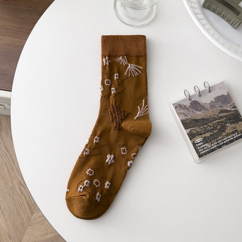 Calcetines de tubo de seta de flor de personalidad artística retro