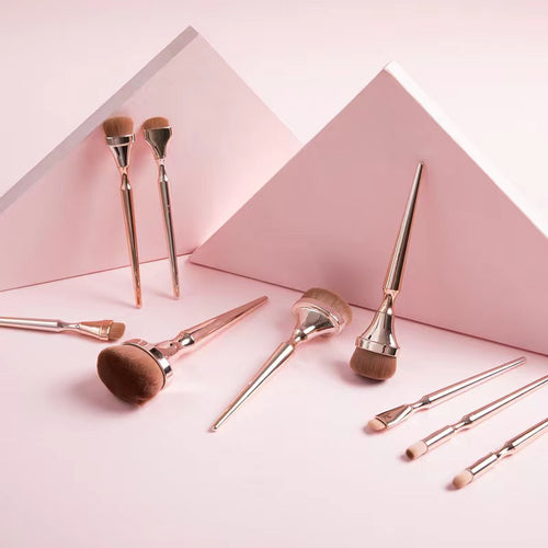 Juego de 9 brochas de maquillaje tipo cepillo de dientes chapado en oro