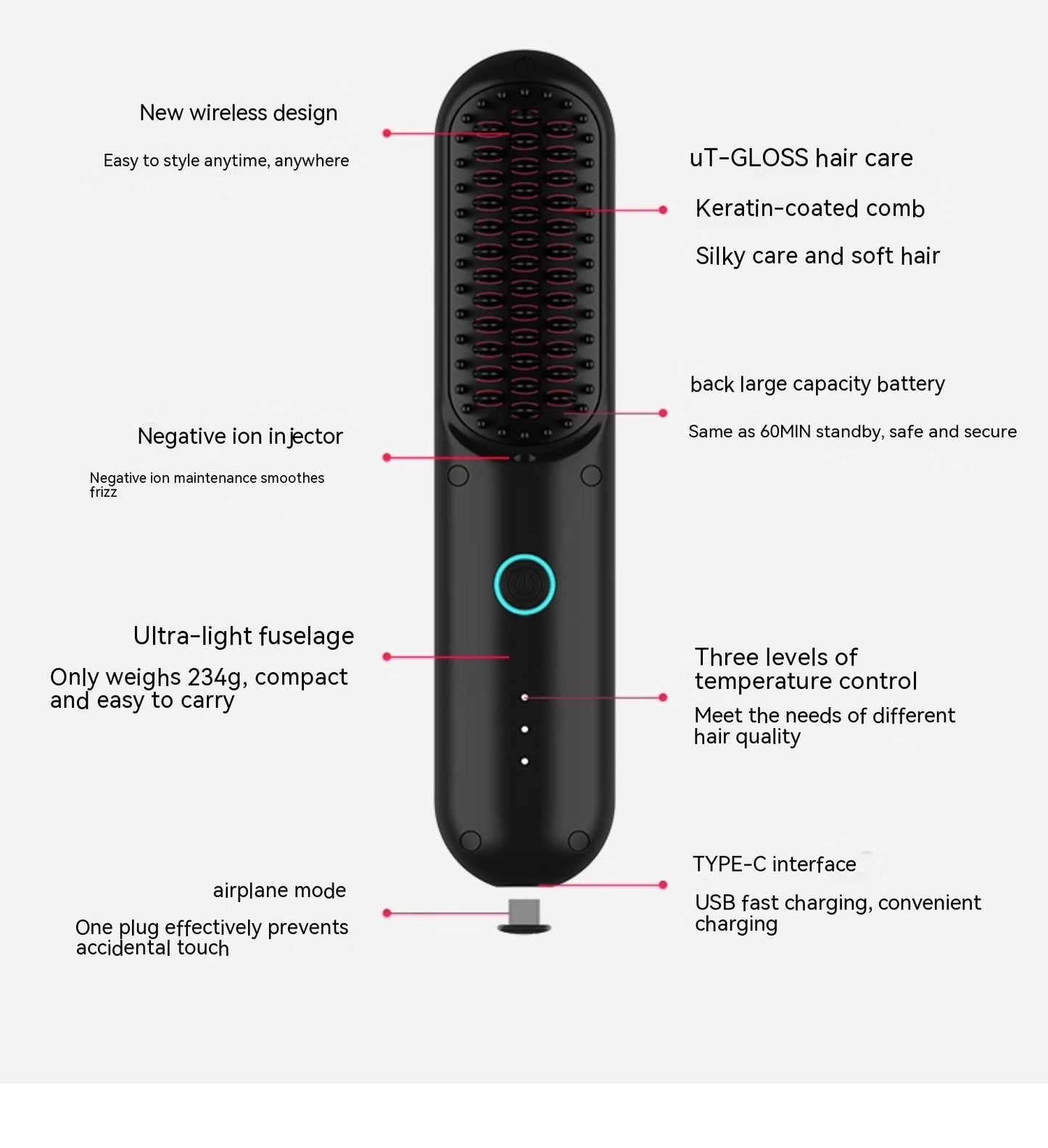 Wireless Portable Straight Hair Comb Negative Ion